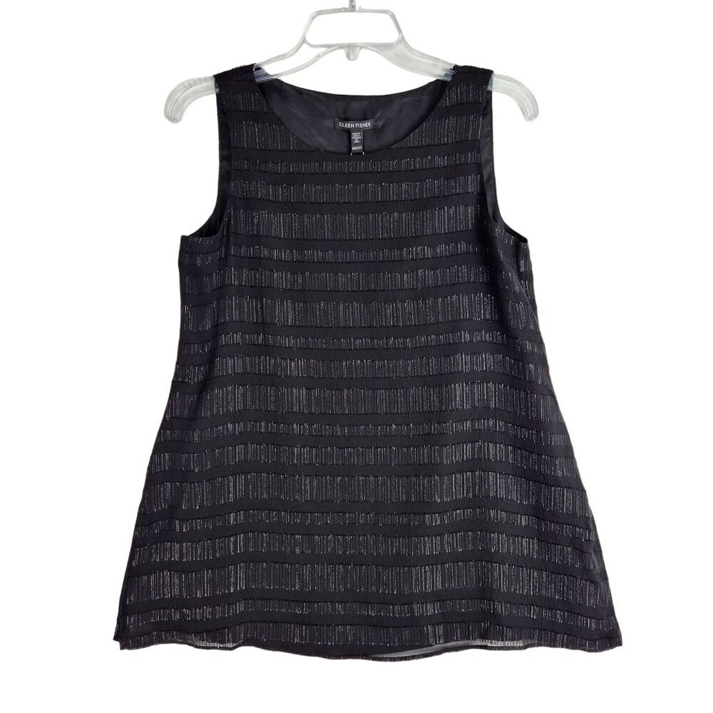 Eileen Fisher womens Black Sleeveless Tunic size XXS Metallic Accents Silk Blend